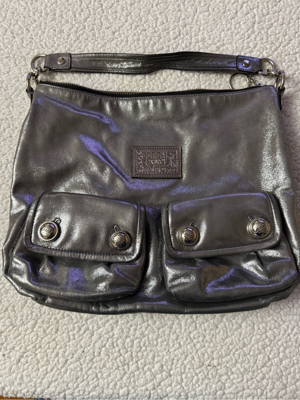 Coach Metallic Charcoal Shoulder Bag with Front Pockets